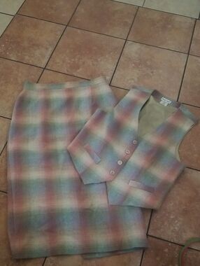 Pastel Plaid Midi Dress Skirt and Vest Set